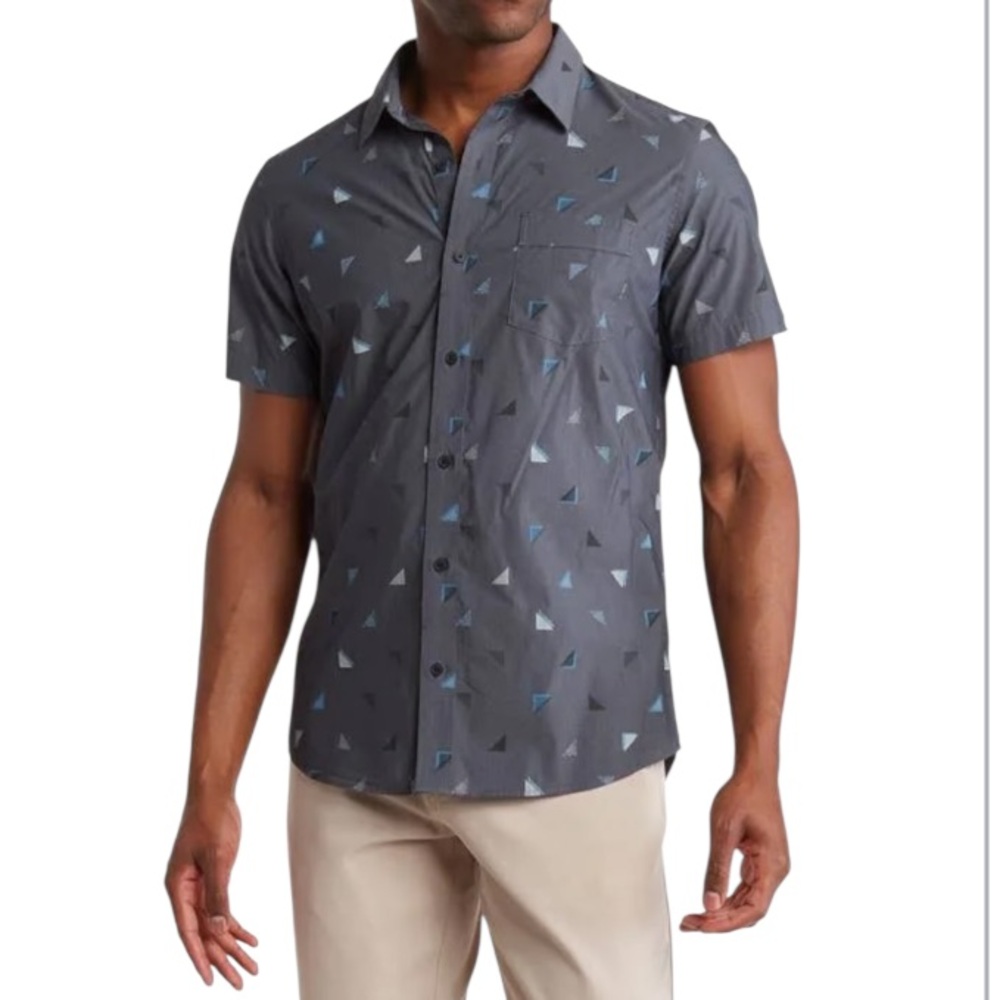 TravisMathew Talk Story Geo Print Button Up Short Sleeve Shirt Mens Large Gray